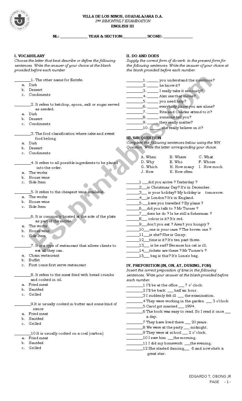 FOOD AND DRINKS worksheet