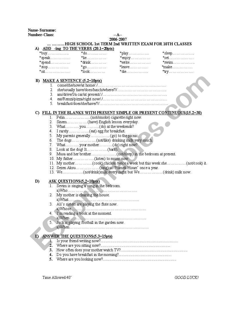 exam for elementary classes worksheet