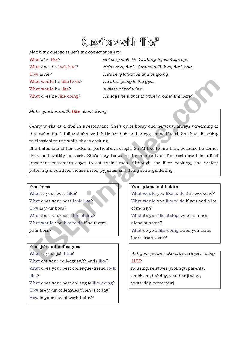 Questions with LIKE worksheet