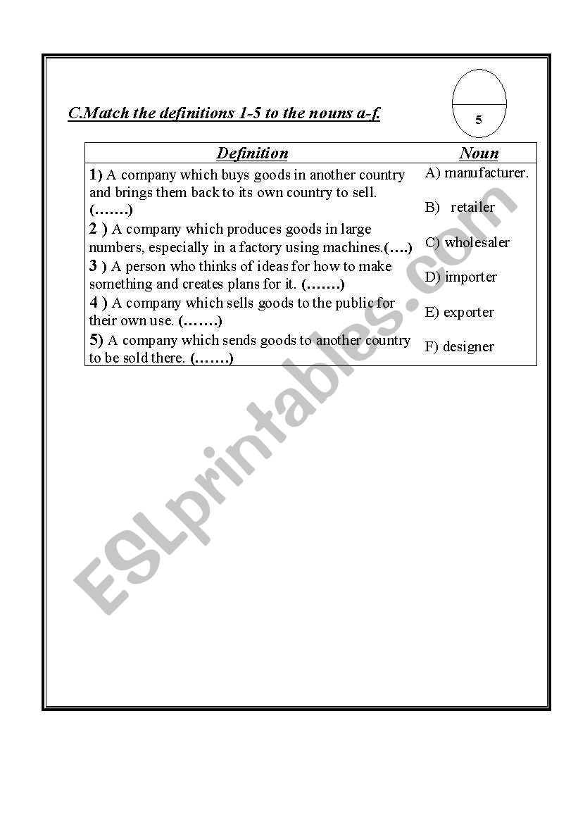 some business definitions worksheet