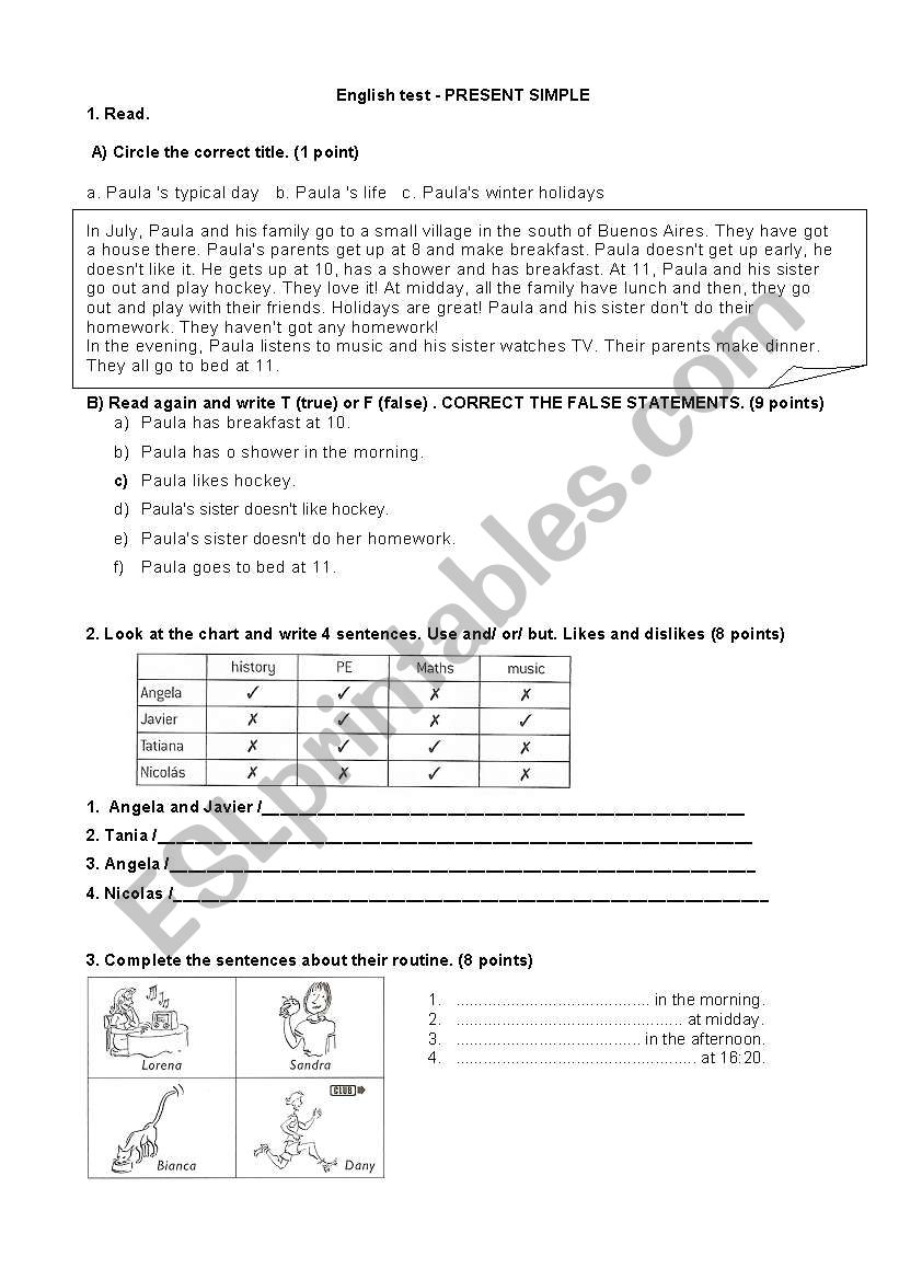 Present simple Test  worksheet