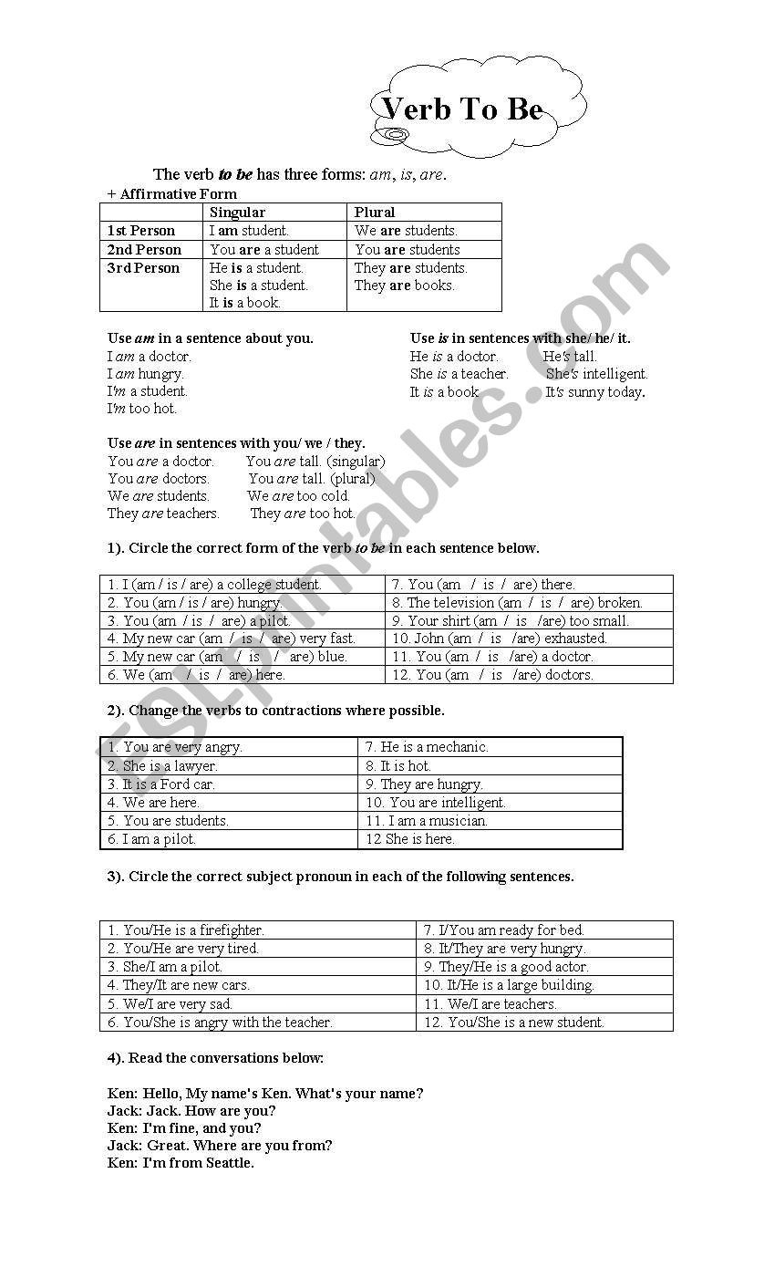 Verb to be worksheet