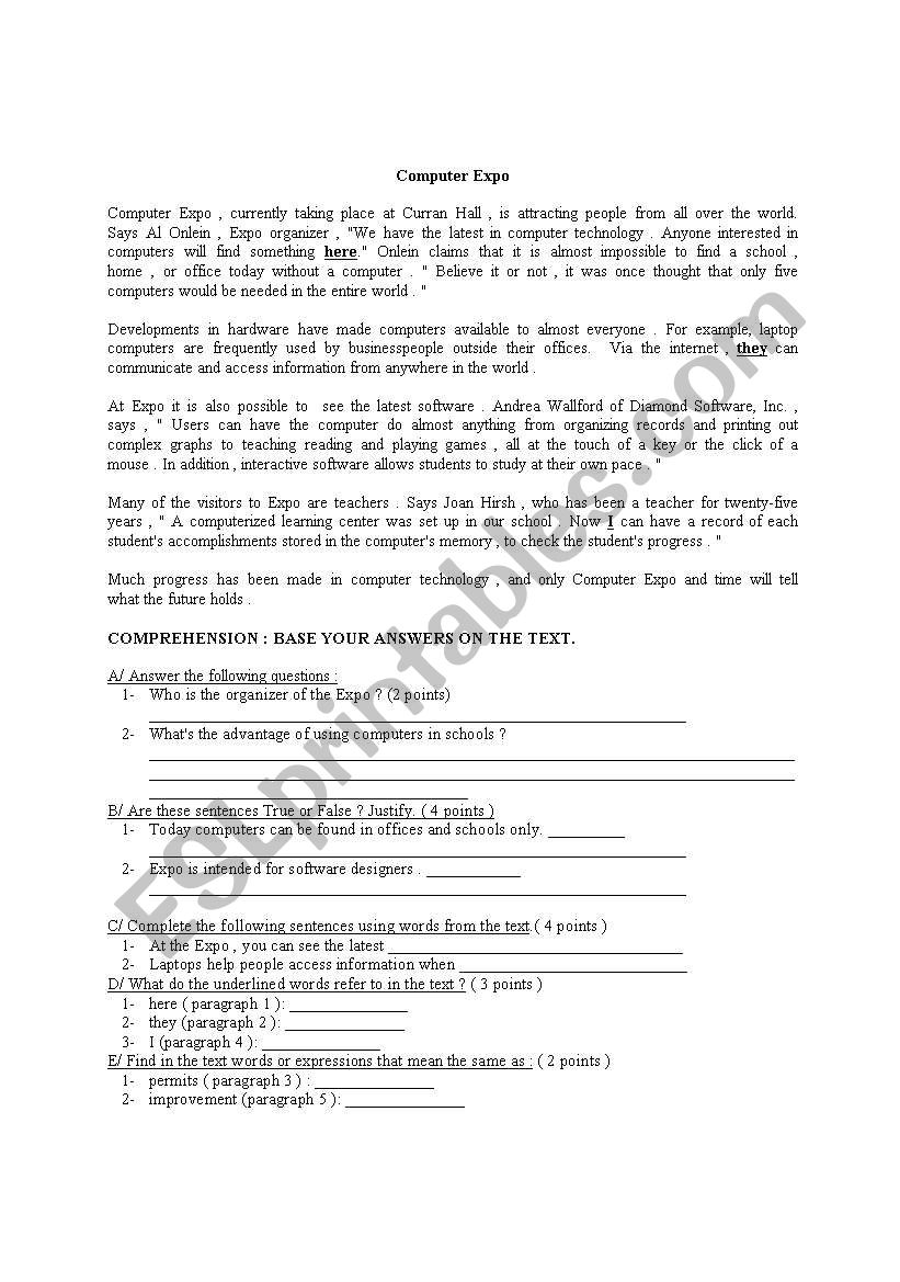 COMPUTER EXPO worksheet