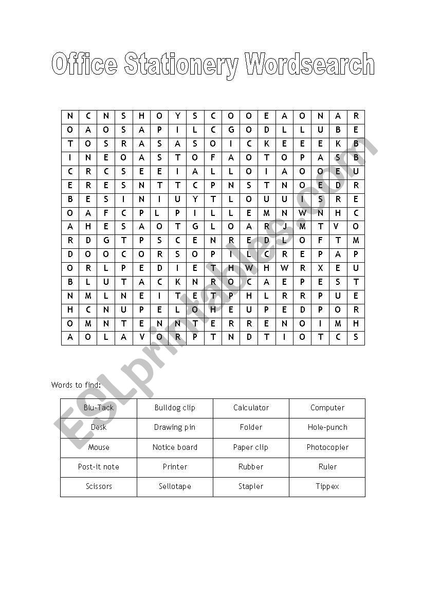 Office Stationery Wordsearch worksheet