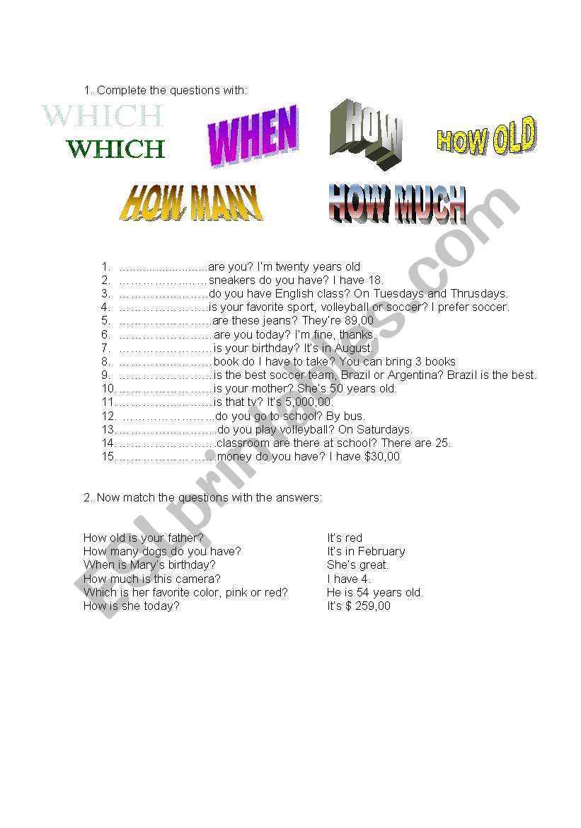 Questions words worksheet