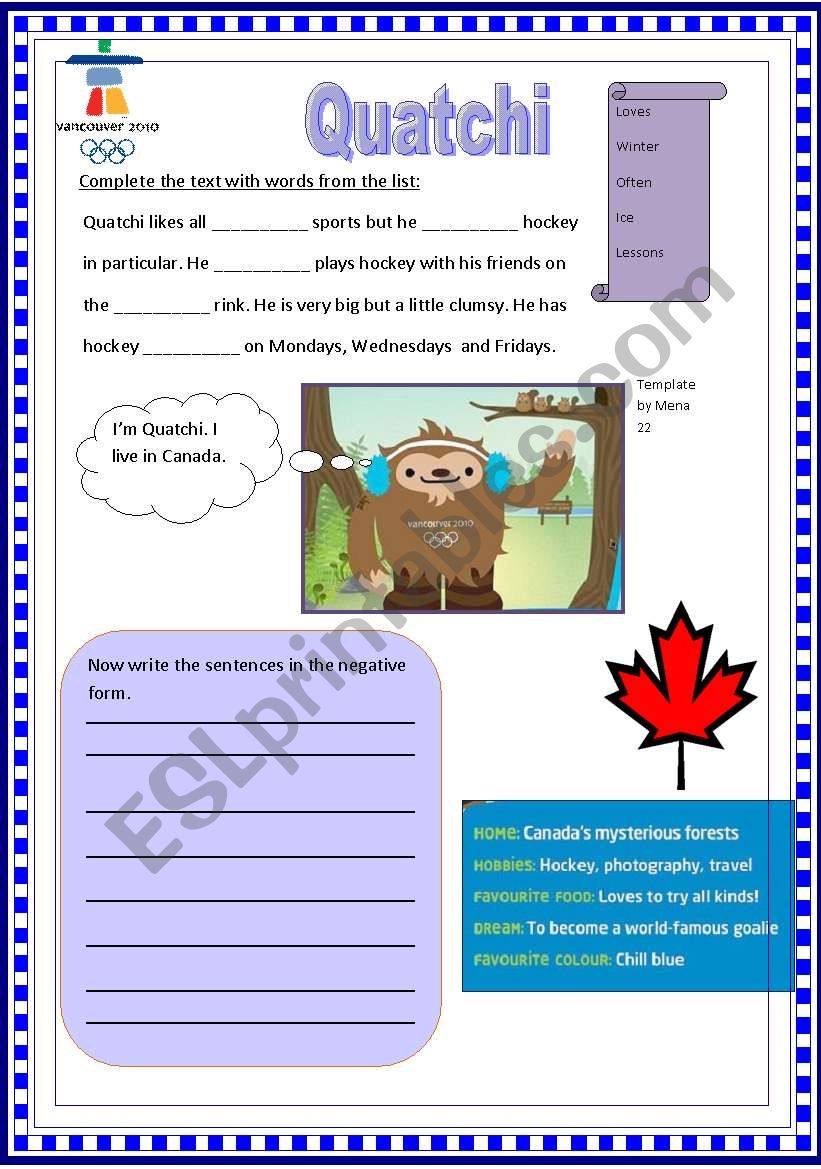 Vancouver: meet Quatchi worksheet