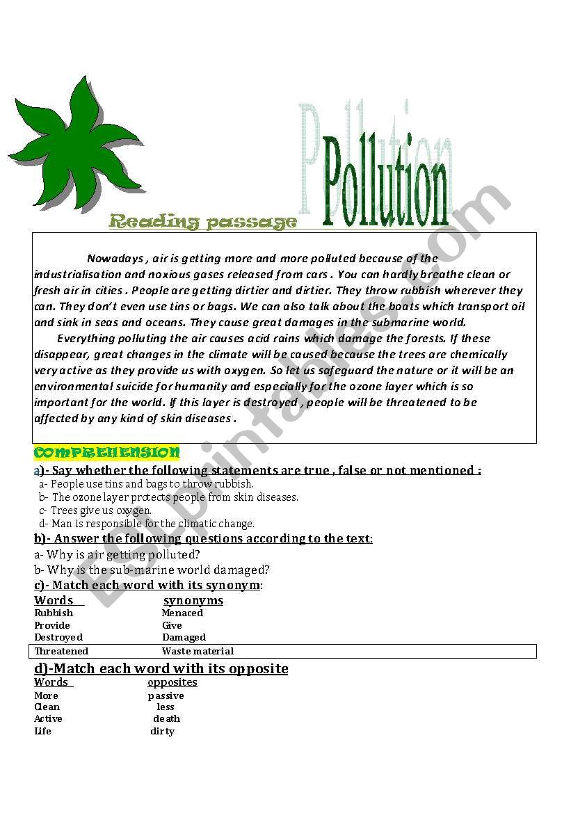 pollution text  worksheet