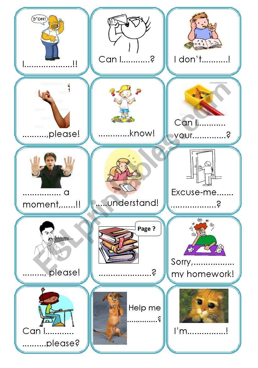 Classroom language card game worksheet