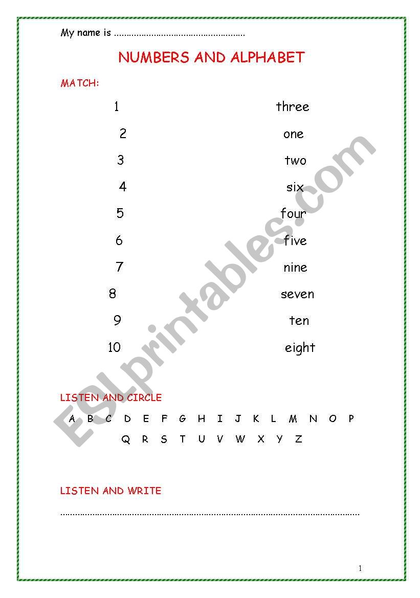 NUMBERS AND ALPHABET worksheet