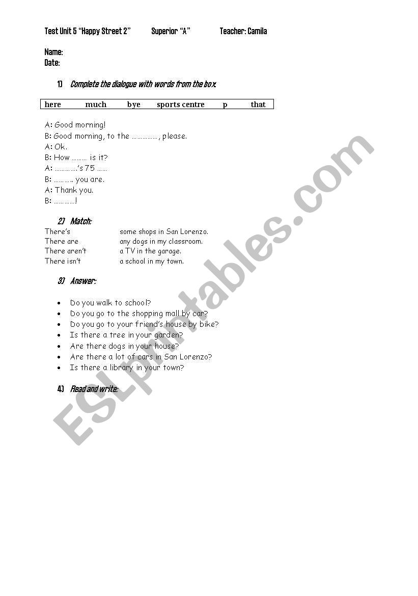 Quiz Unit 5-Happy Street 2 worksheet