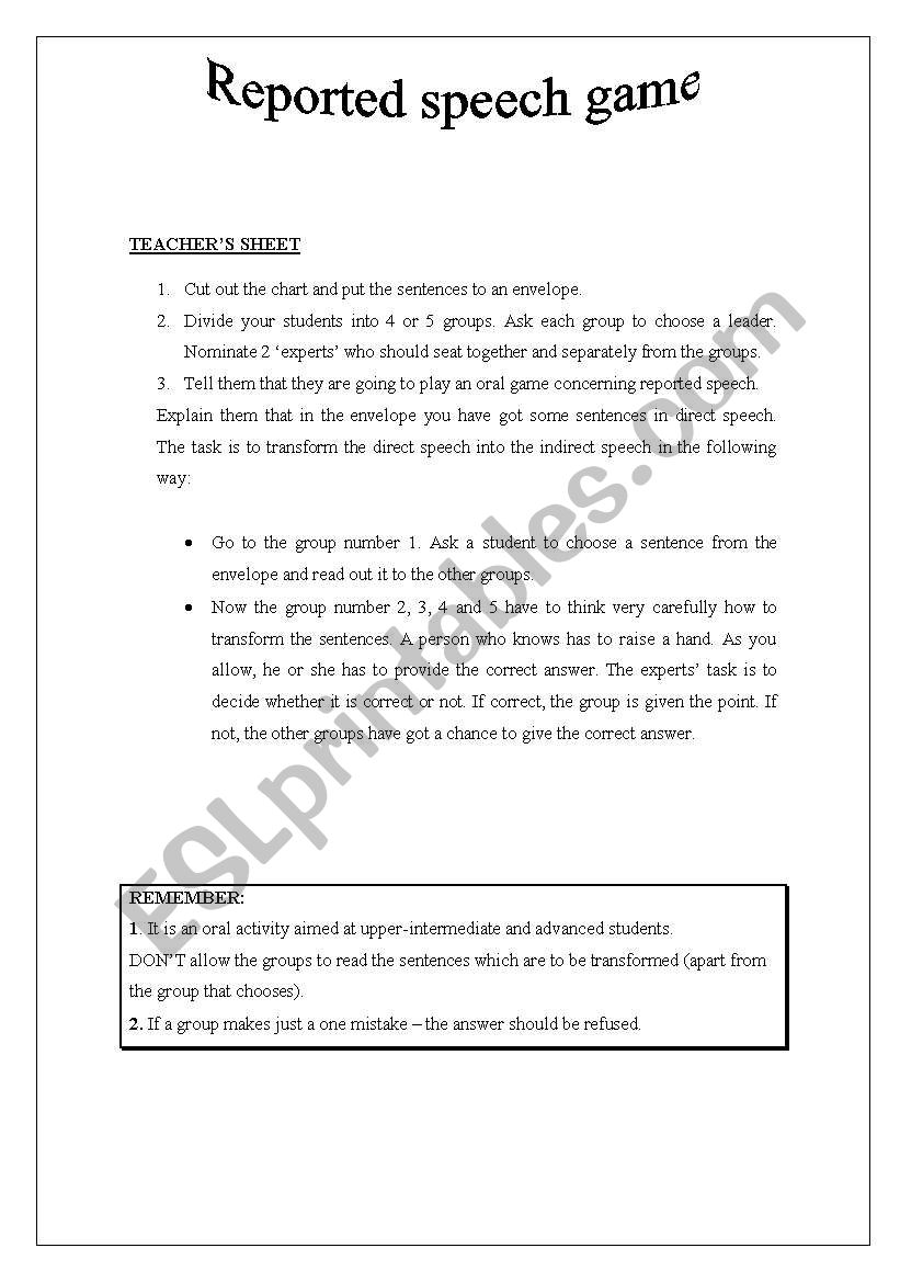 REPORTED SPEECH ORAL GAME worksheet