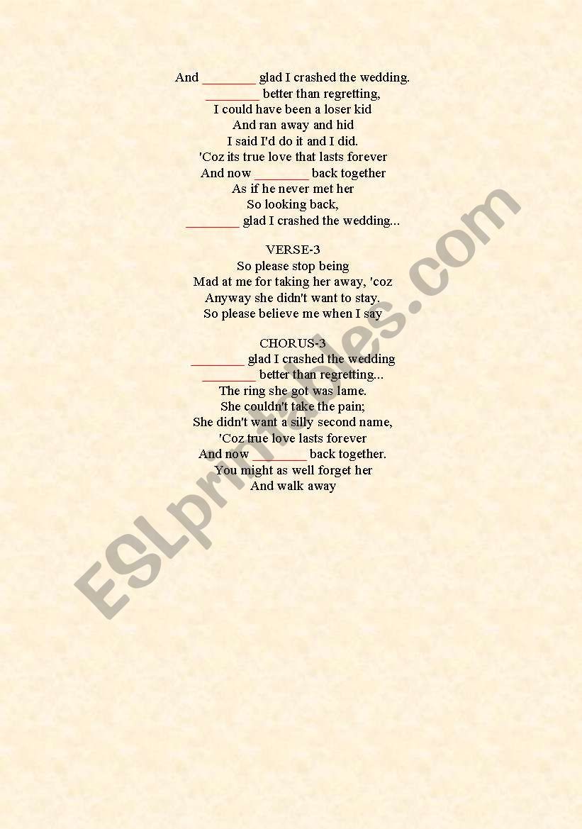 Crashed The Wedding Busted Song Esl Worksheet By Gasa1