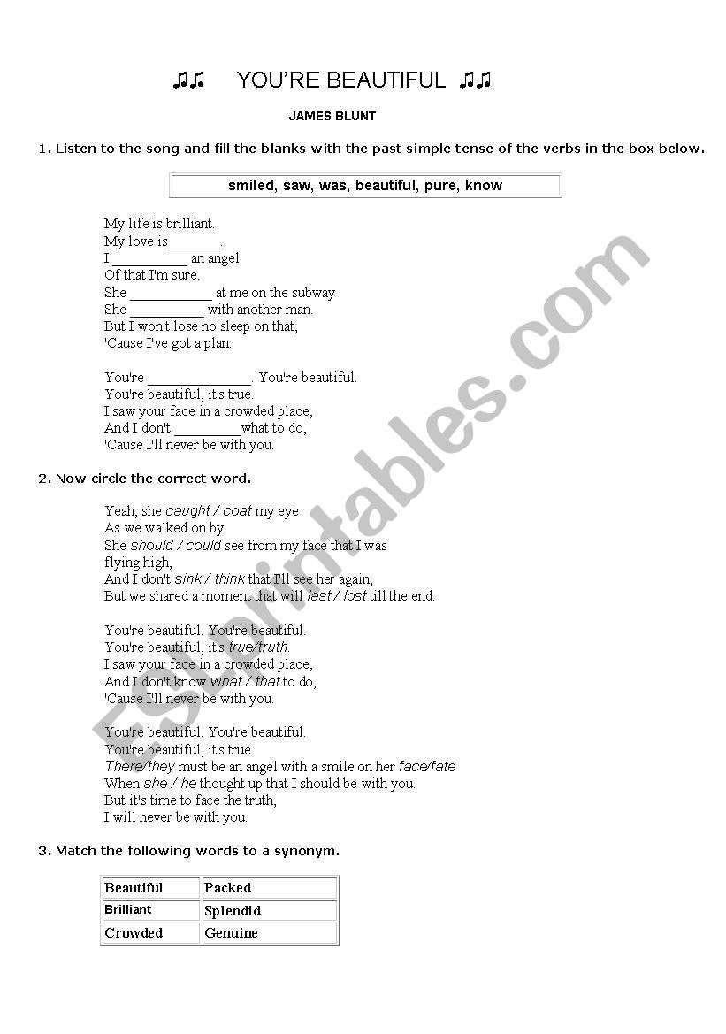 Song: Youre beautiful worksheet