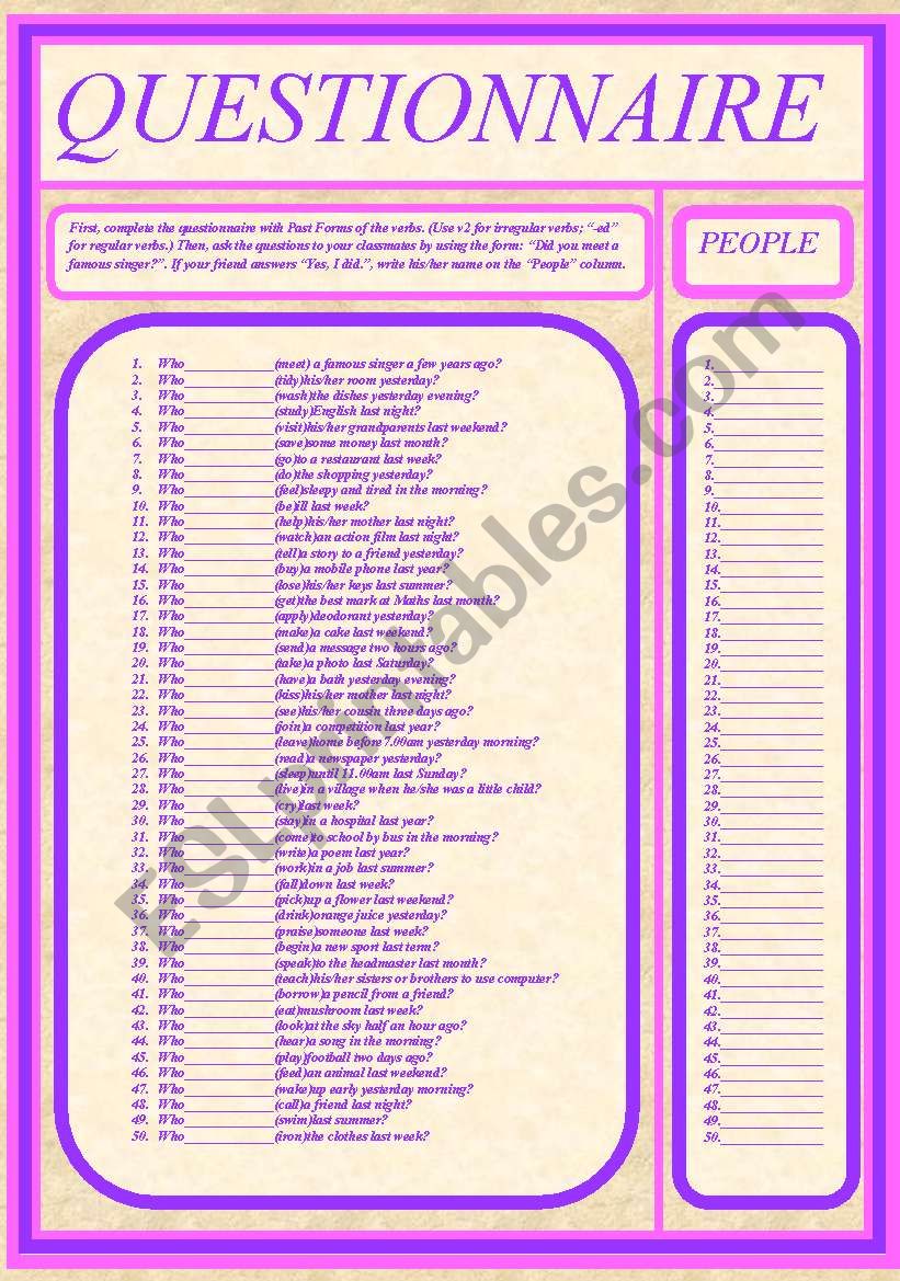 OUESTIONNAIRE worksheet