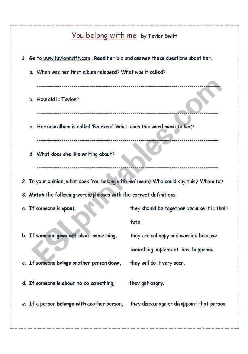 You belong with me worksheet