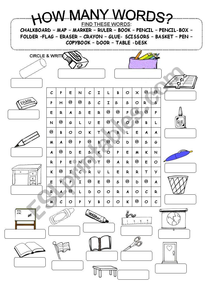Find the CLASSROOM OBJECTS. worksheet
