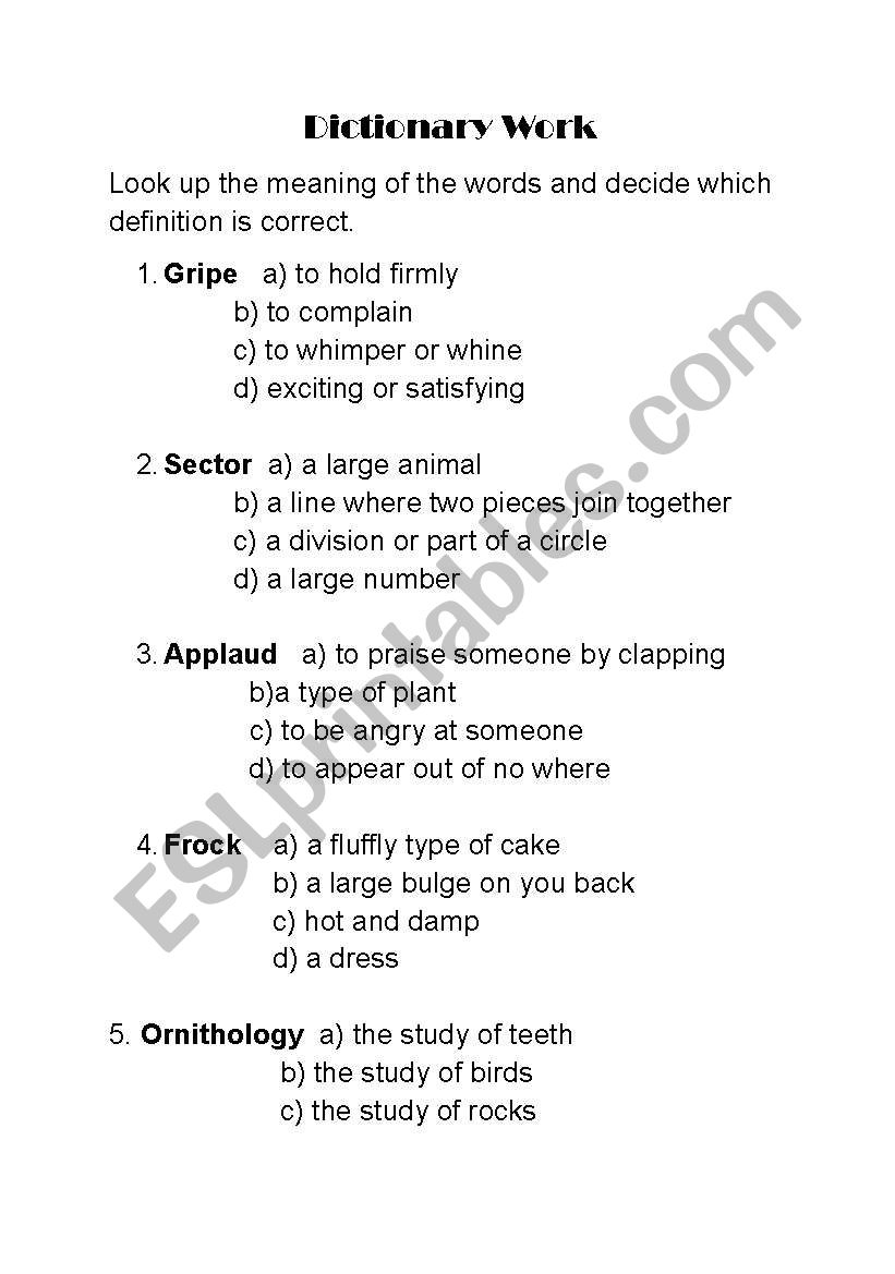 Dictionary work worksheet