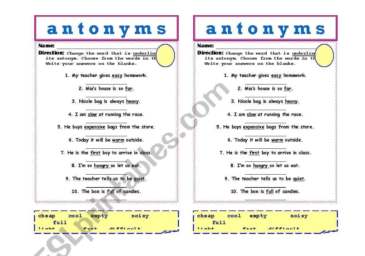 antonyms worksheet