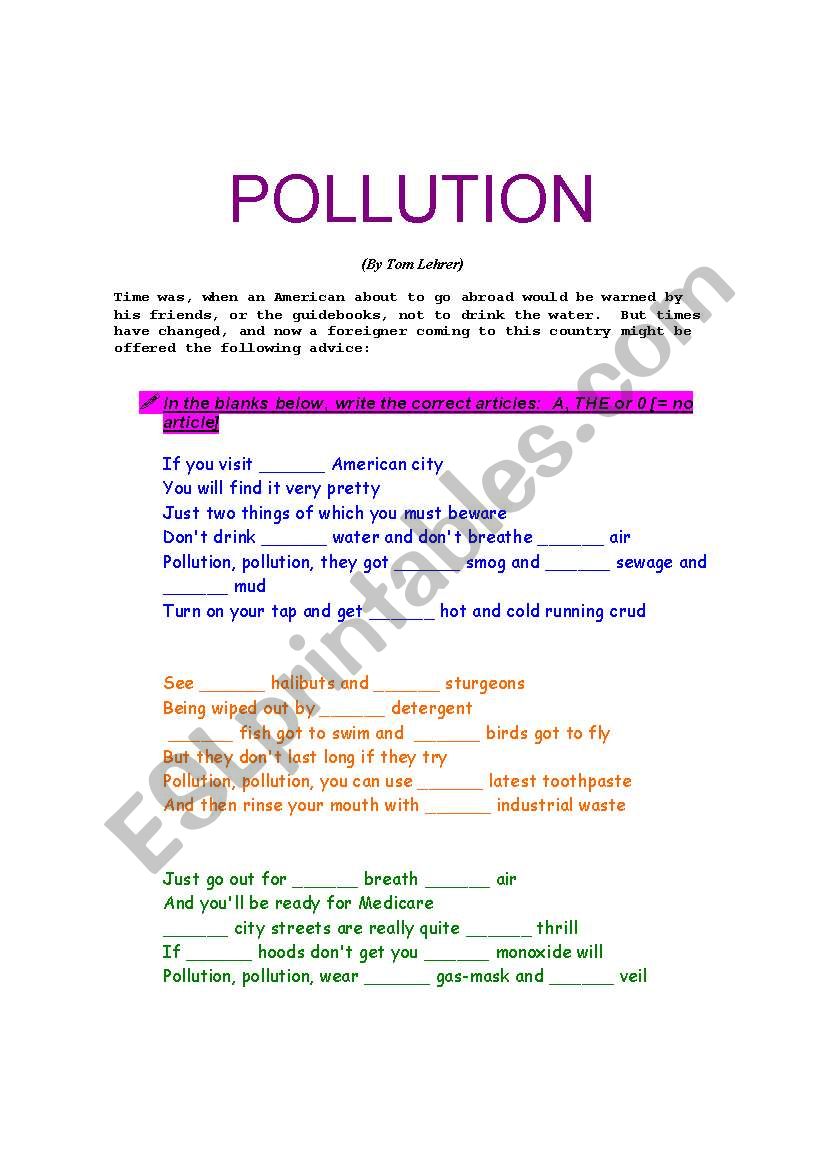 Pollution song worksheet