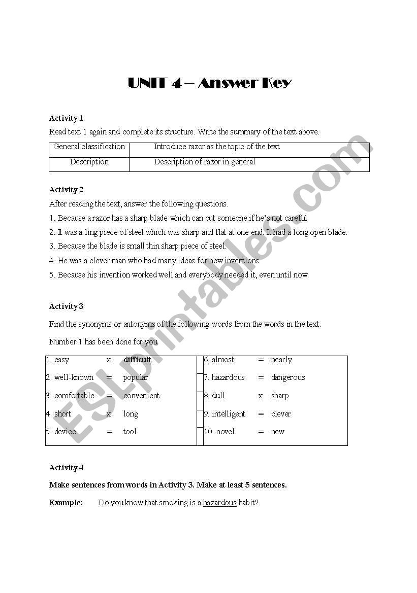 Answer Key to unit on Report Text