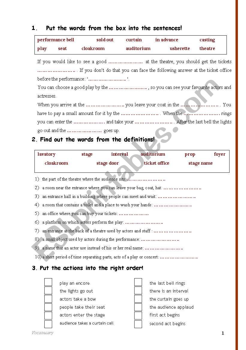 Theatre - Exercises for revising and practising the words of the theatre topic (8pages) 2/2