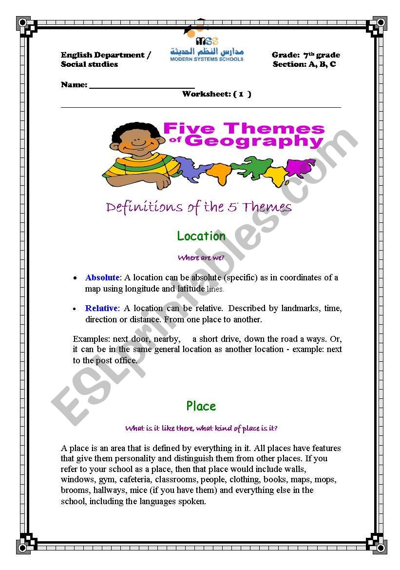 English worksheets: The five themes of geography Intended For 5 Themes Of Geography Worksheet