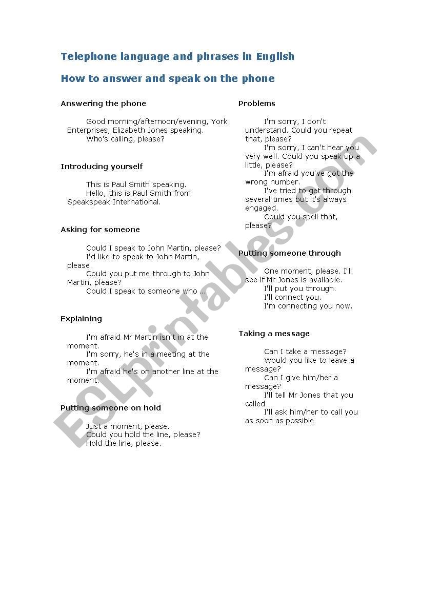 Telephone language worksheet