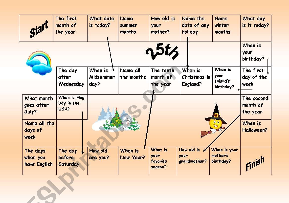 Easy board game to train months, dates, days of week, holidays, ordinal and cardinal numbers Easy board game to train months, dates, days of week, holidays, ordinal and cardinal numbers