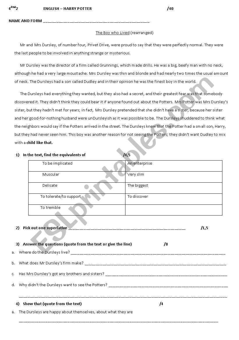 test harry potter worksheet