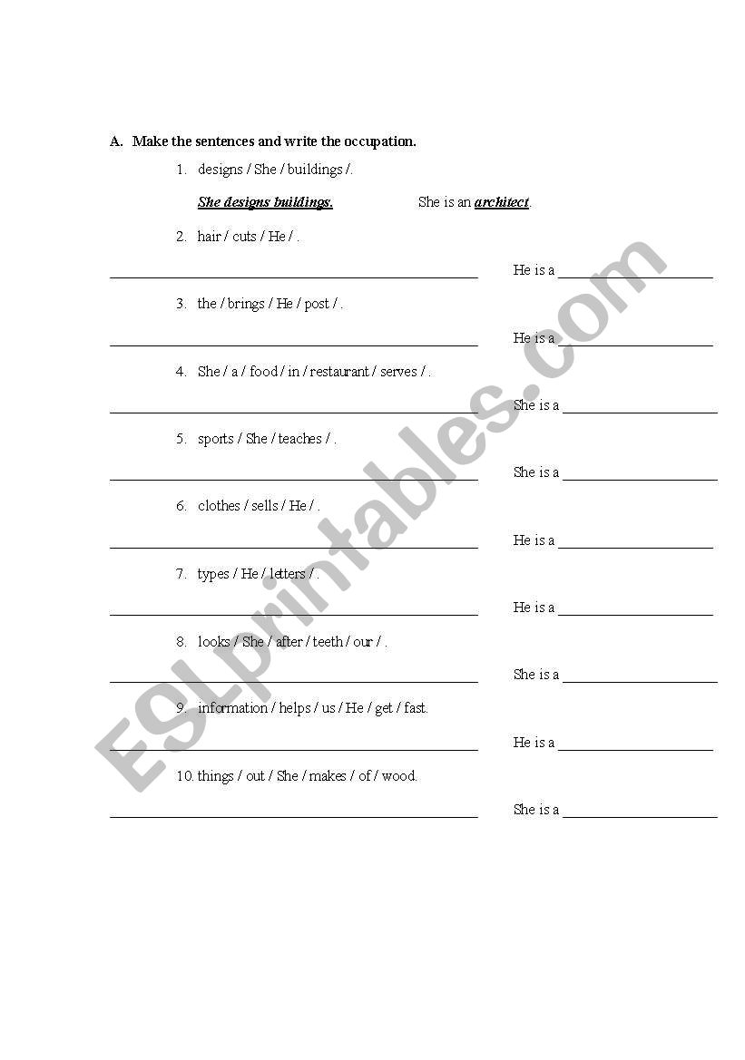 OCCUPATIONS worksheet