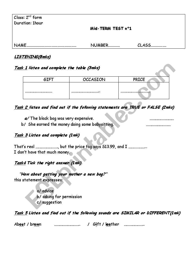 2nd form test worksheet