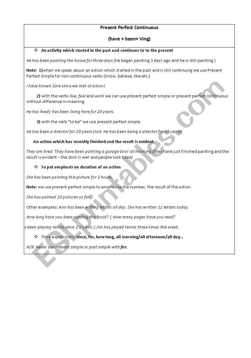 present perfect continuous  worksheet