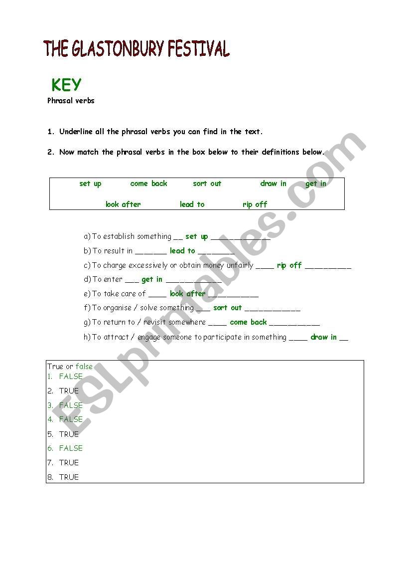 KEY for teachers  TEST Glastonbury Festival level A2+/B1