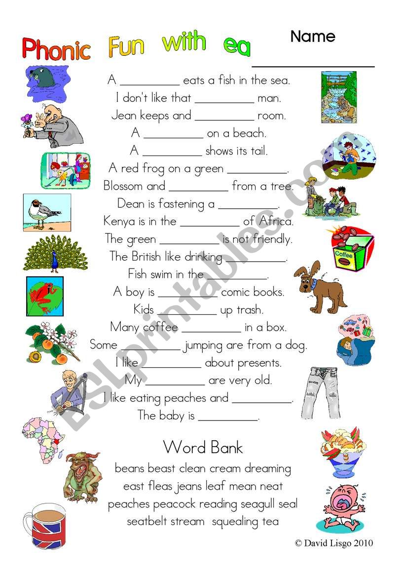 3 pages of Phonic Fun with ea: worksheet, story and key (#5)