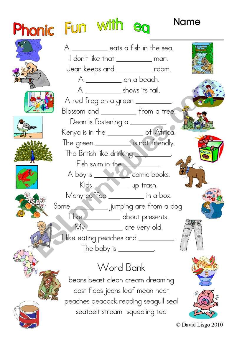3 pages of Phonic Fun with ea worksheet, story and key (5) ESL