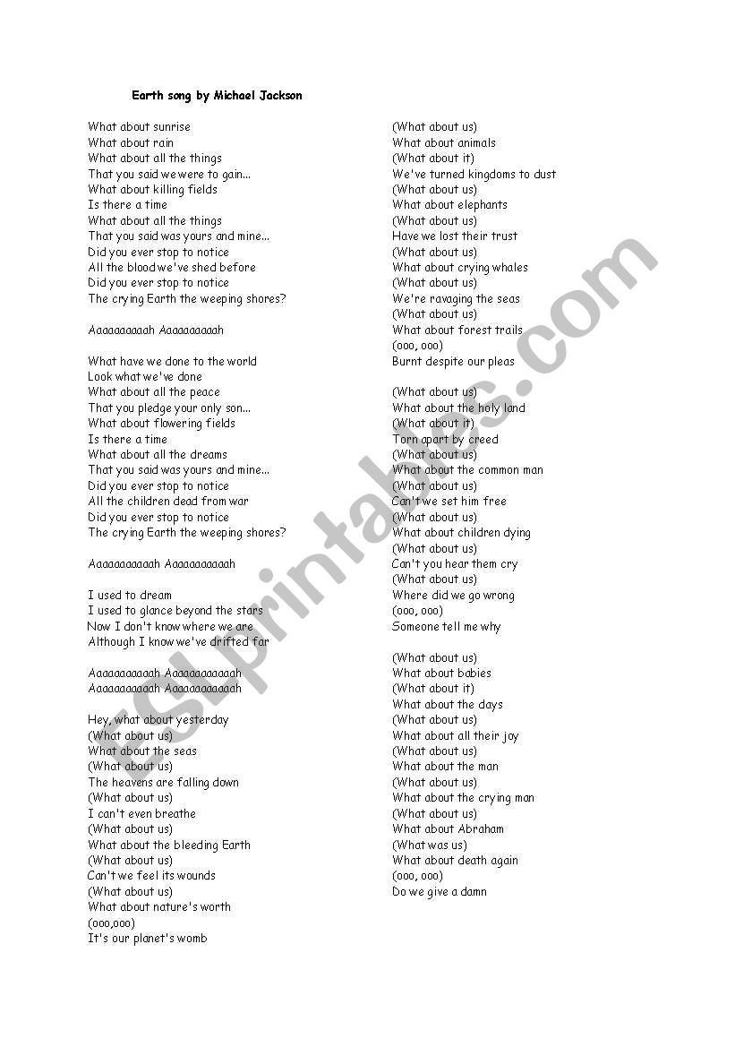 EARTH SONG by Michael Jackson worksheet