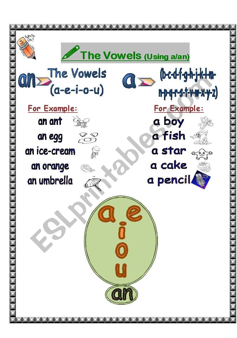 vowels and articles a/an worksheet