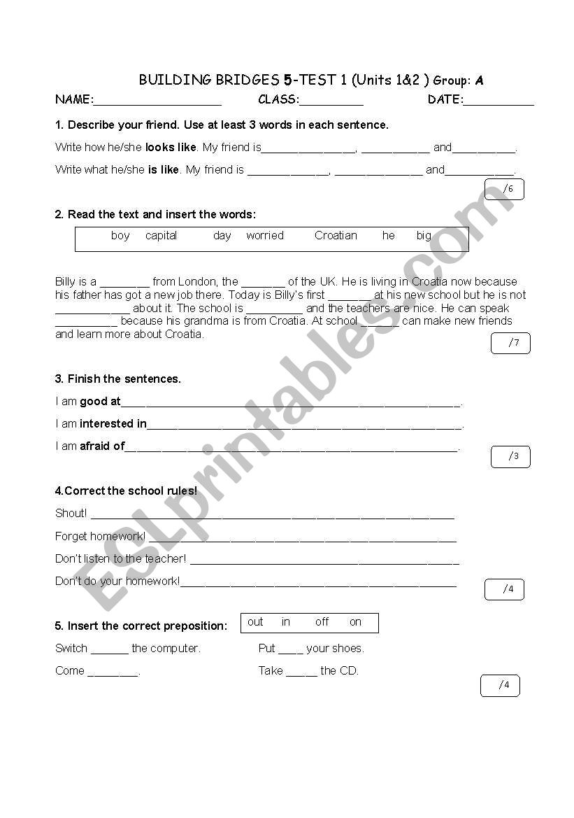 test for 5th graders worksheet