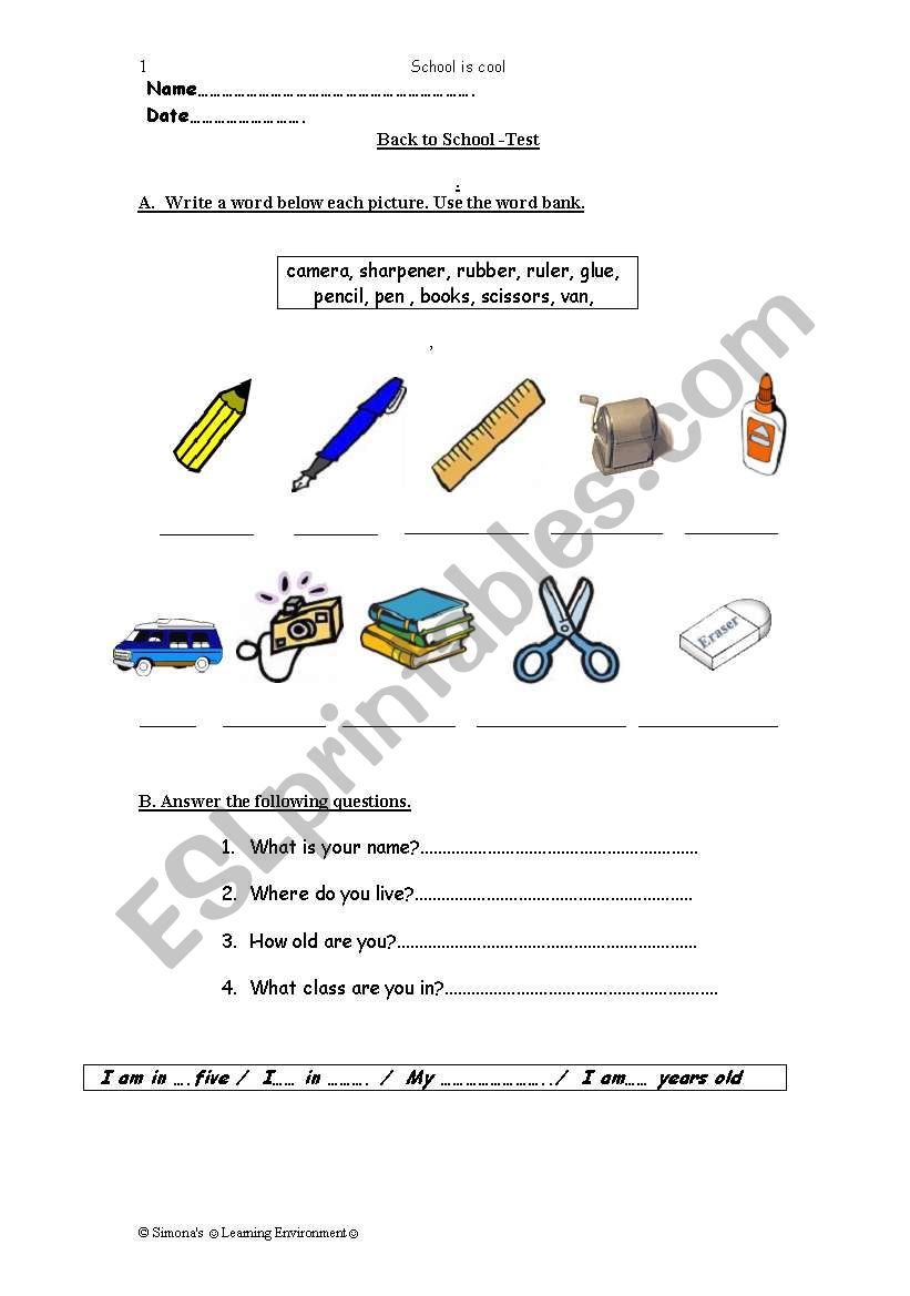 Back to school test worksheet