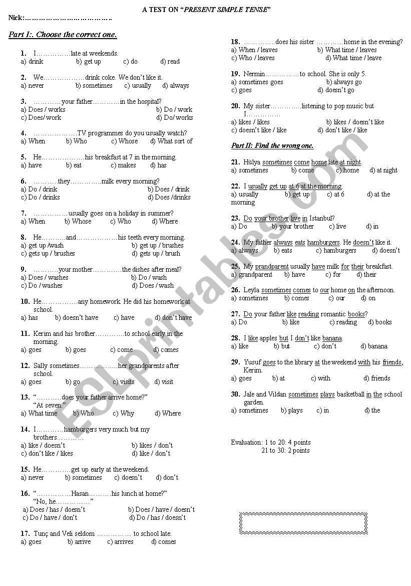 Present Simple Tense Test worksheet