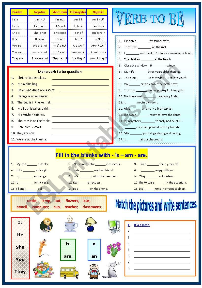 Verb to be with B/W worksheet