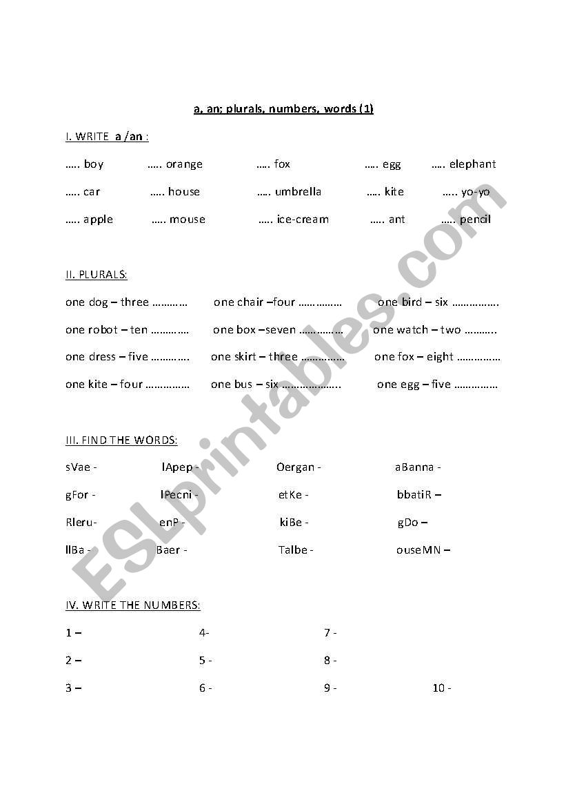 a,an; plurals; numbers; words worksheet