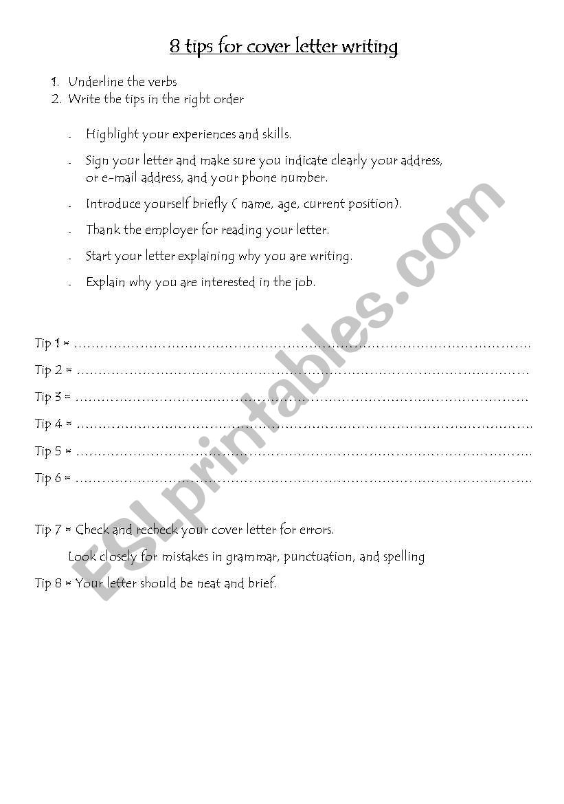 TIPS FOR COVER LETTER WRITING worksheet