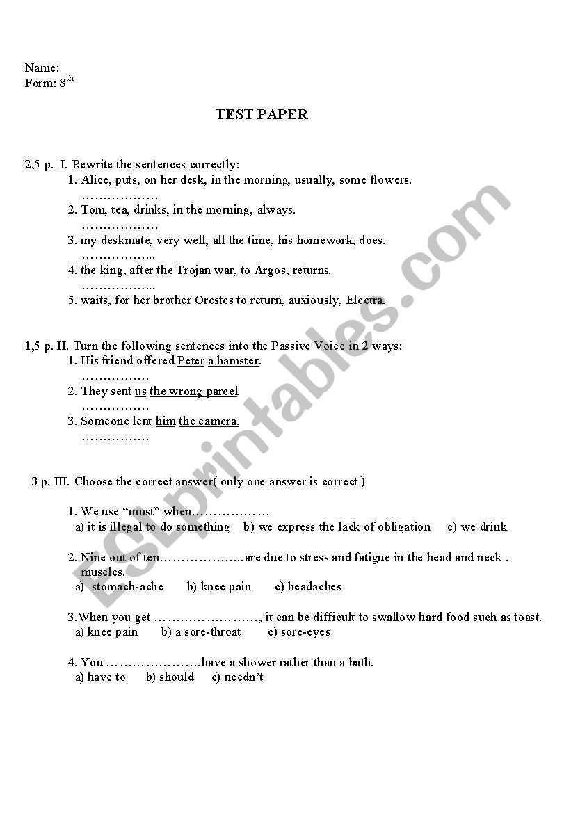 test passive , infinitive  worksheet