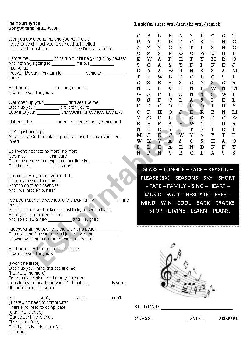 Im Yours song worksheet