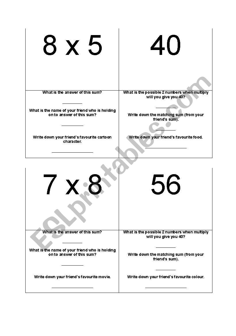 Multiplication game worksheet