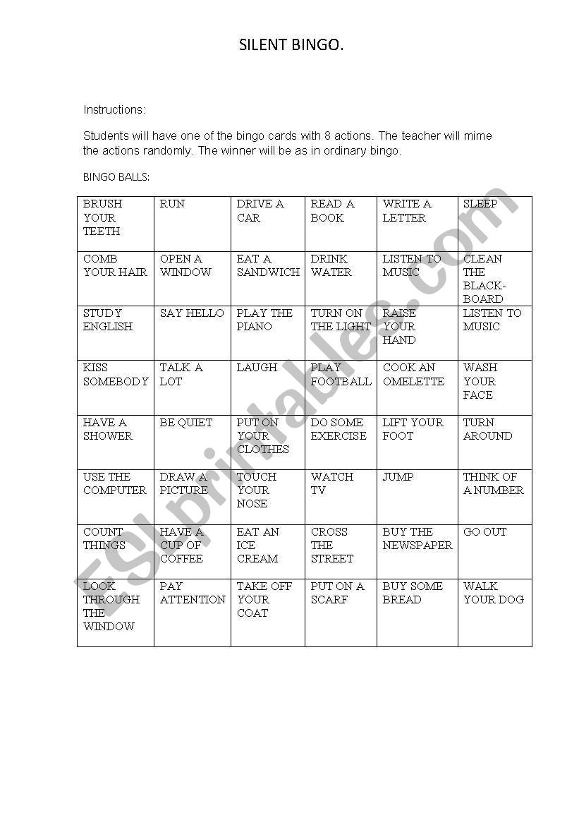 SILENT BINGO worksheet