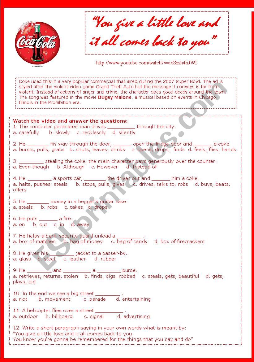 VIDEO - Coca cola ad worksheet