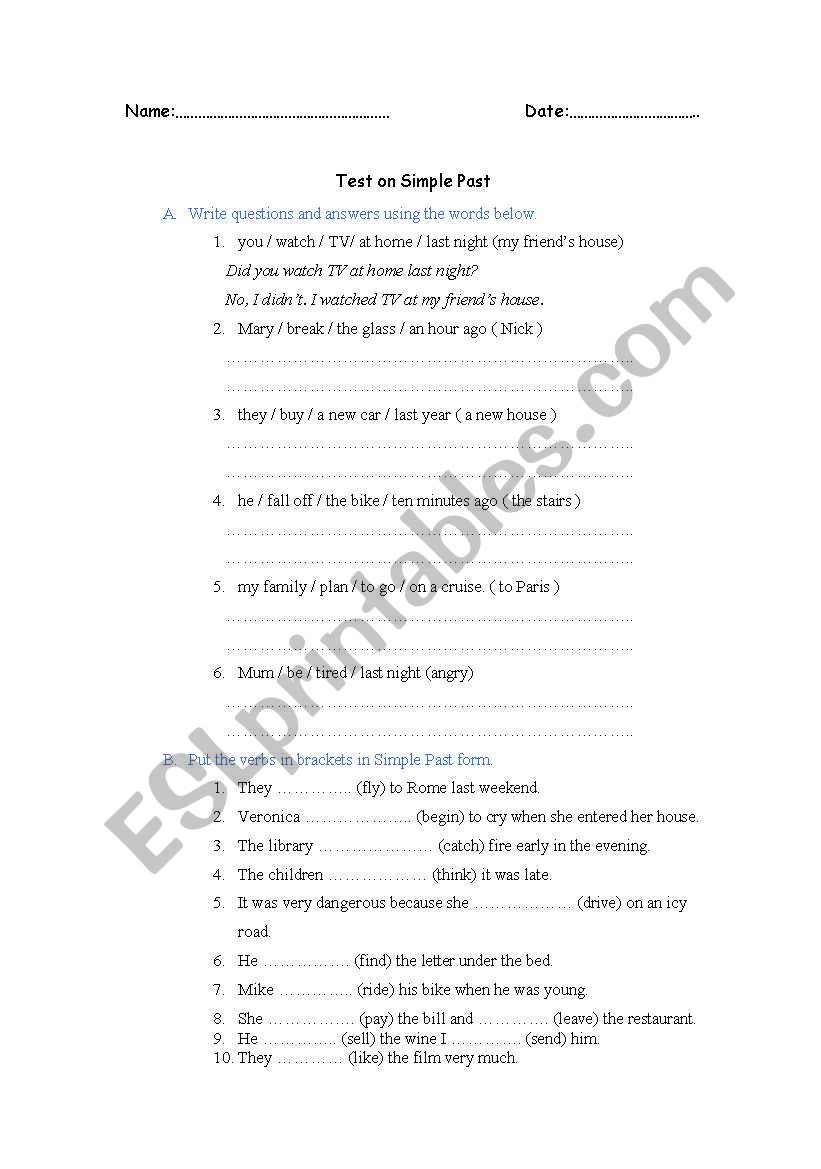 Test on Simple Past Tense worksheet