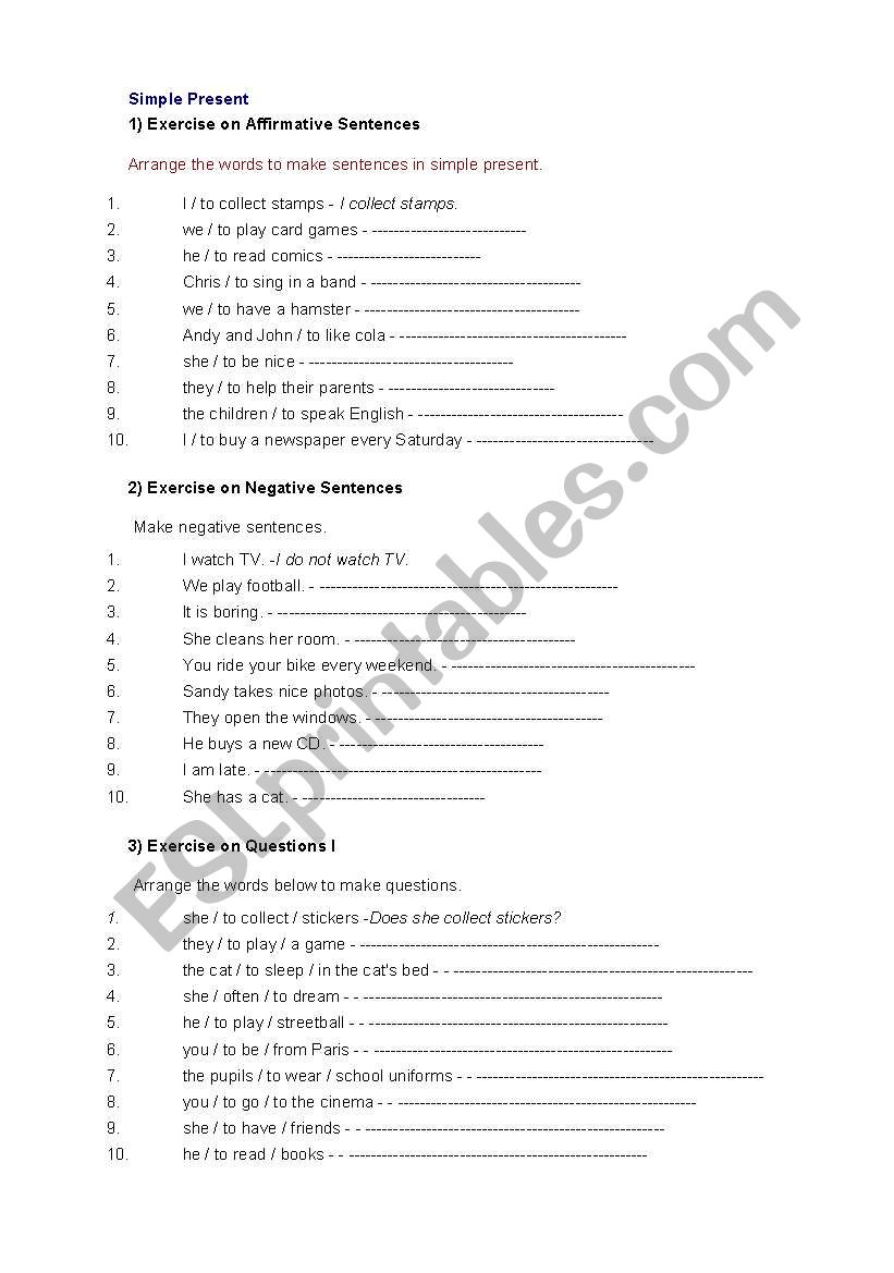 simple present excercises worksheet